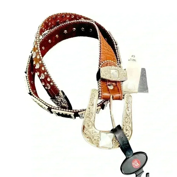 Vintage Western Leather Studded Rhinestone Belt Cowgirl New Boho Festival - Picture 1 of 10